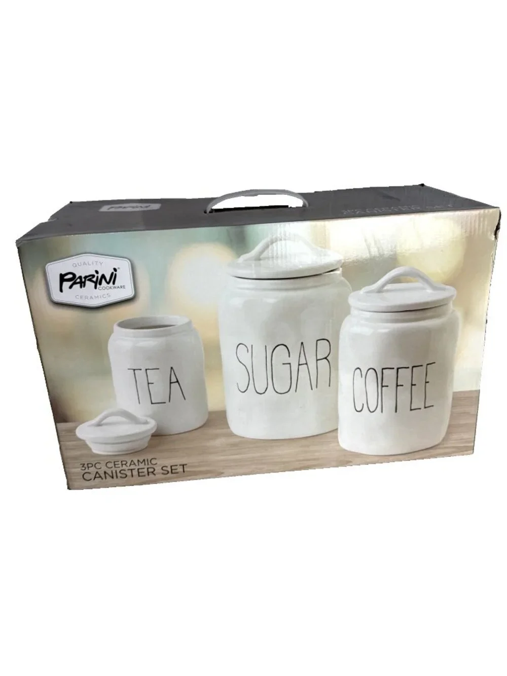 Parini Cookware 3 Piece Ceramic Canister Set Tea Sugar and Coffee, New In Box